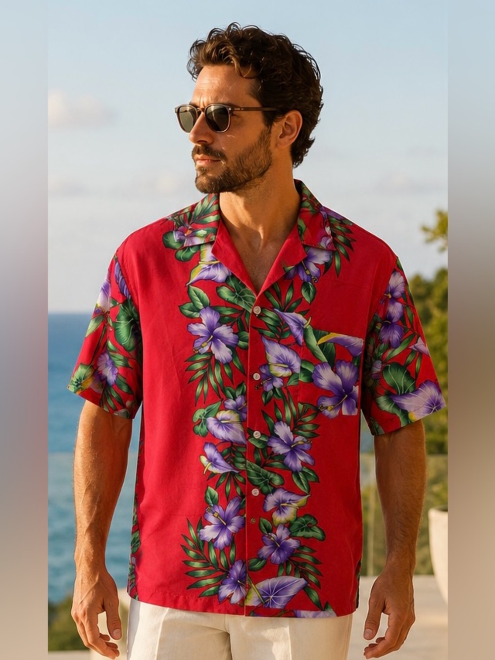 Hawaiian Vintage Collection Aloha Shirt Mens Red Hibiscus Aloha Made in USA, M 🌴